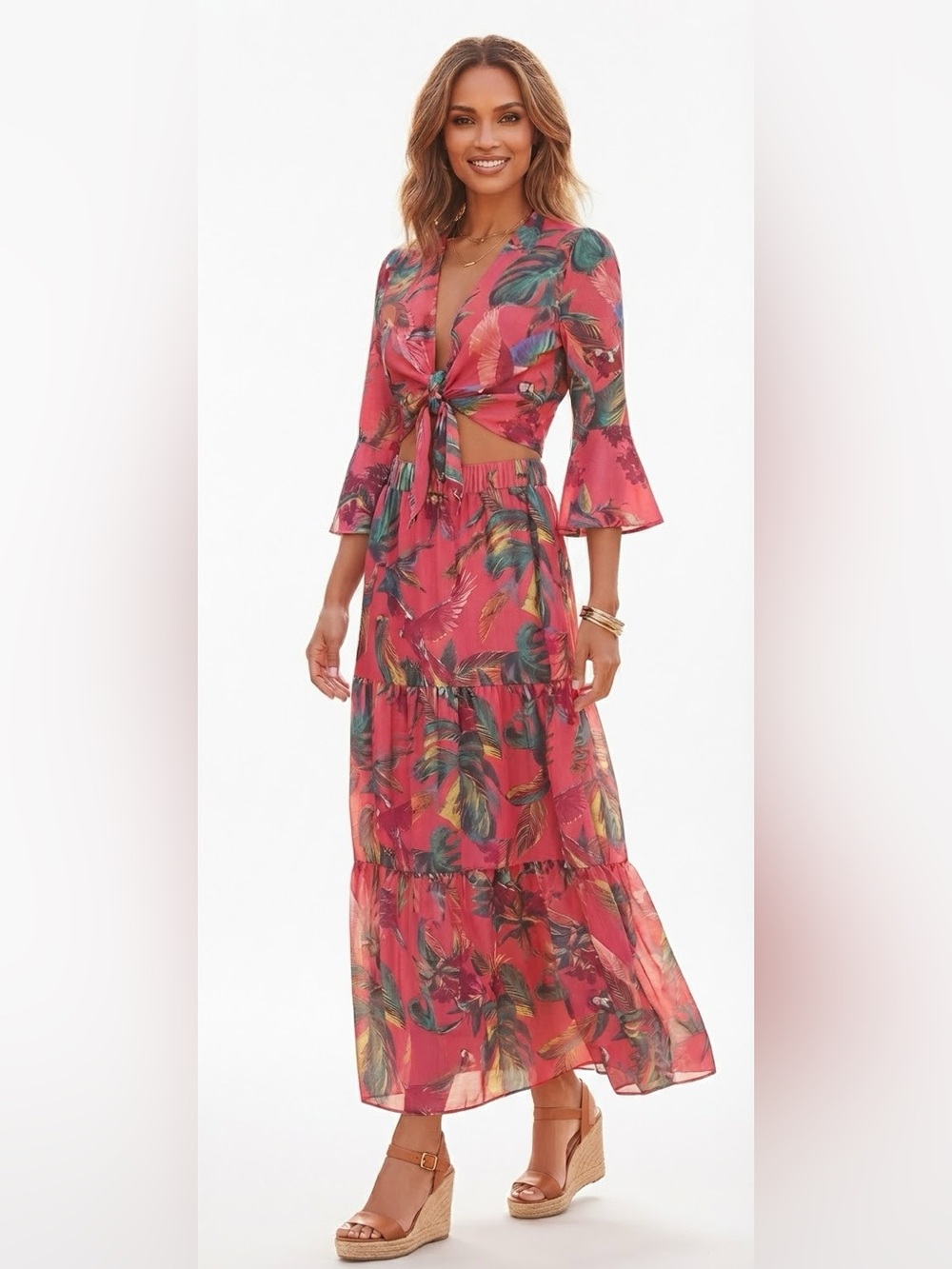 G by Giuliana Coral Tropical Tie-Front Maxi Dress